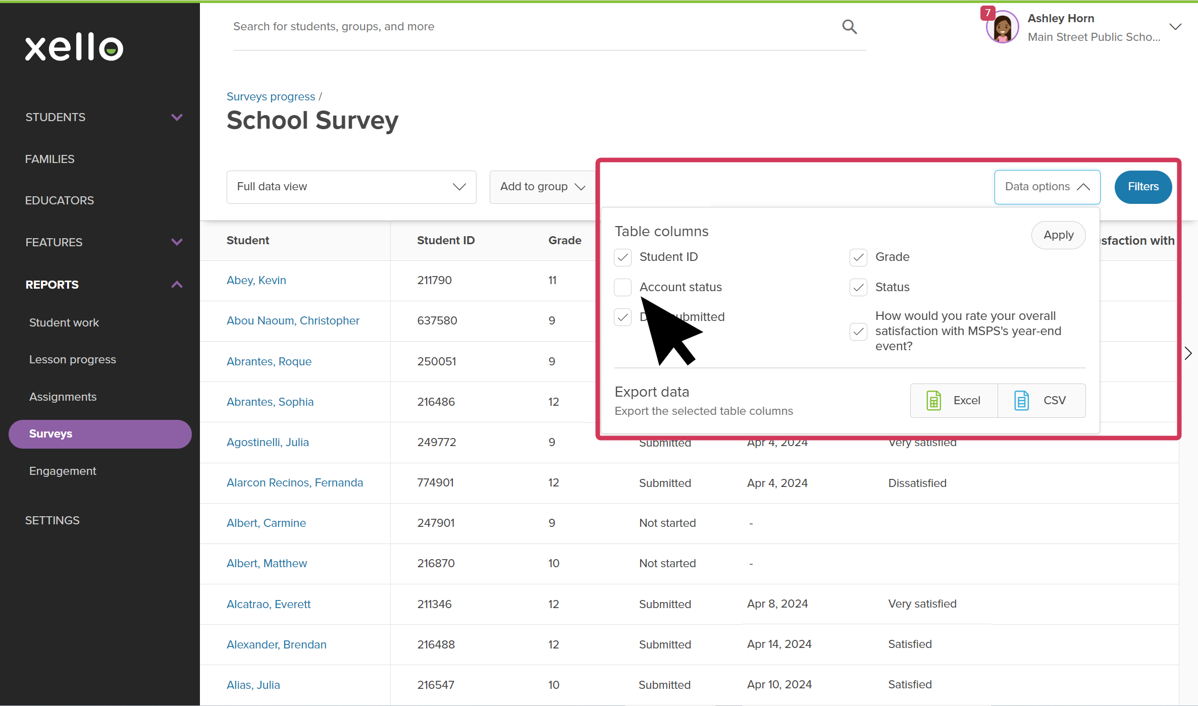 Click to enlarge Educator account in Xello with a survey report open. The Data options menu is open and the cursor is clicking Account status